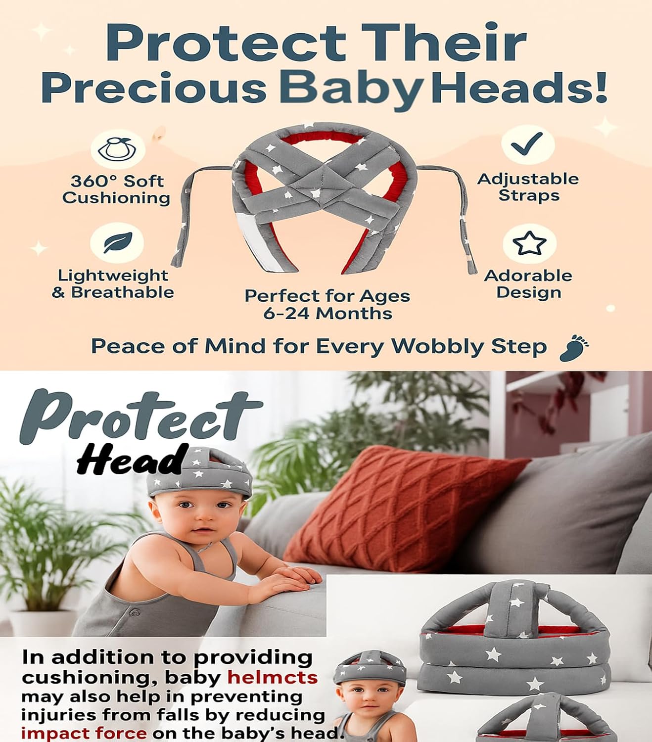 Baby Safety Helmet with Knee Pads Adjustable Infant Head Protector & Knee Guard for Crawling and Walking Soft Lightweight Breathable Child (Blue with Knee Pad)