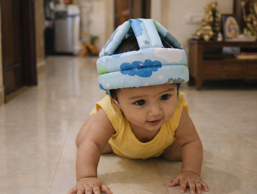 Baby Safety Helmet with Knee Pads Adjustable Infant Head Protector & Knee Guard for Crawling and Walking Soft Lightweight Breathable Child (Blue with Knee Pad)