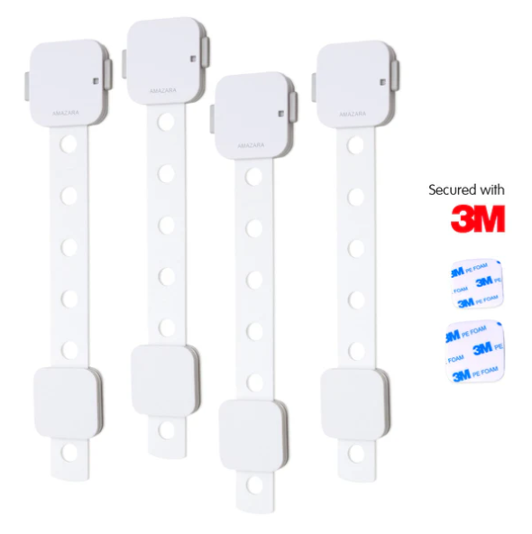 Child Safety Locks (Pack of 4) – Baby Proofing Cabinet, Drawer & Fridge Locks with 3M Adhesive – White