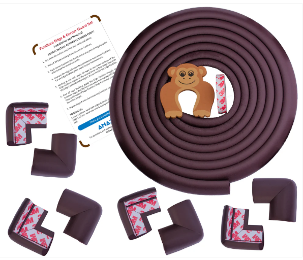 Baby Proofing Edge Guard (16.4 ft) + 8 Pre-Taped Corner Guards – Soft Furniture Safety Cushion Set – Brown
