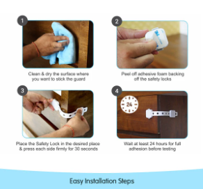 Child Safety Locks (Pack of 4) – Baby Proofing Cabinet, Drawer & Fridge Locks with 3M Adhesive – White