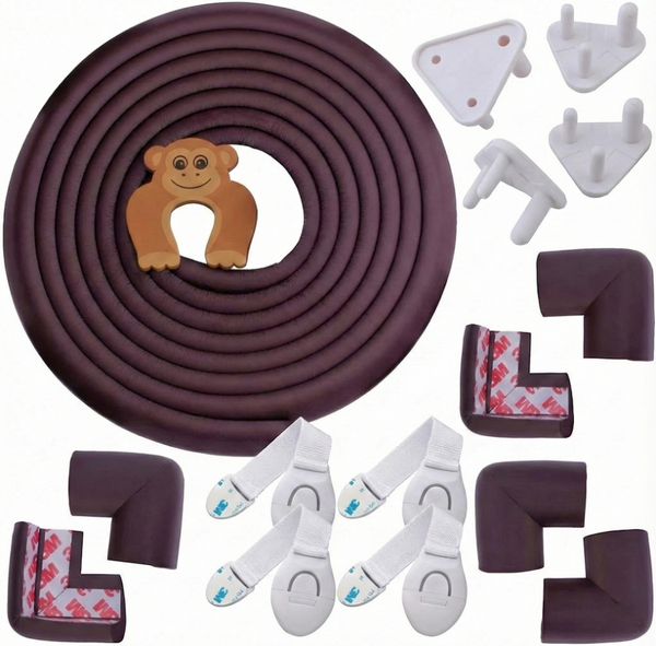 Baby Proofing Edge Guard Tape (16.4 ft) + (8 Pre-Taped Corner Guards) +(6 × Safety Furniture Locks)+( 4 × Safety Plug Covers )+(2 × Child-Safe Baby Guard Door Stopper) -Soft Furniture Safety Cushion Set – Brown